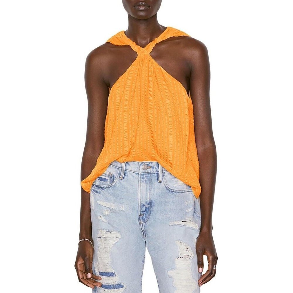 🌟NWT🌟Frame Womens Large Orange Crinkled Silk Pullover Halter Tank Top Blouse